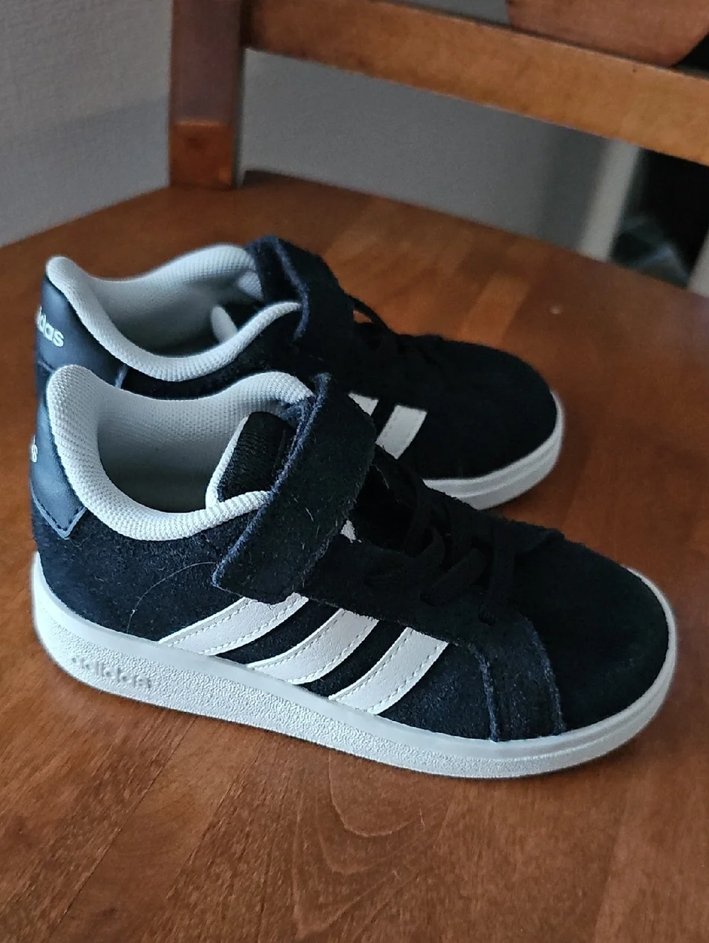 adidas Kids Black Suede Sneakers with White Stripes